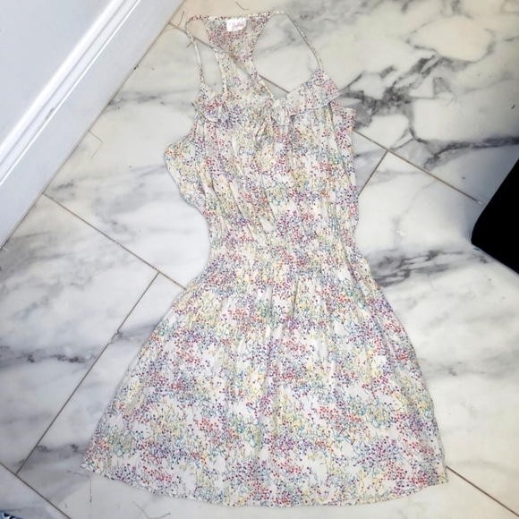 Parker Silk Cream Multicolored Floral Dress Smocked Waist Size L - Picture 13 of 14